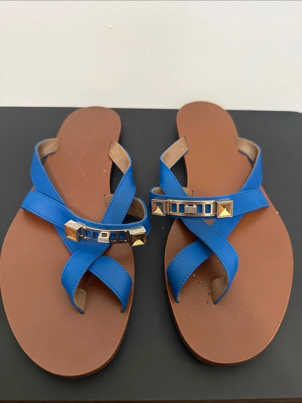 Proenza Schouler Blue Leather Crisscross w/ Toe Ring Slide Sandals - Women's